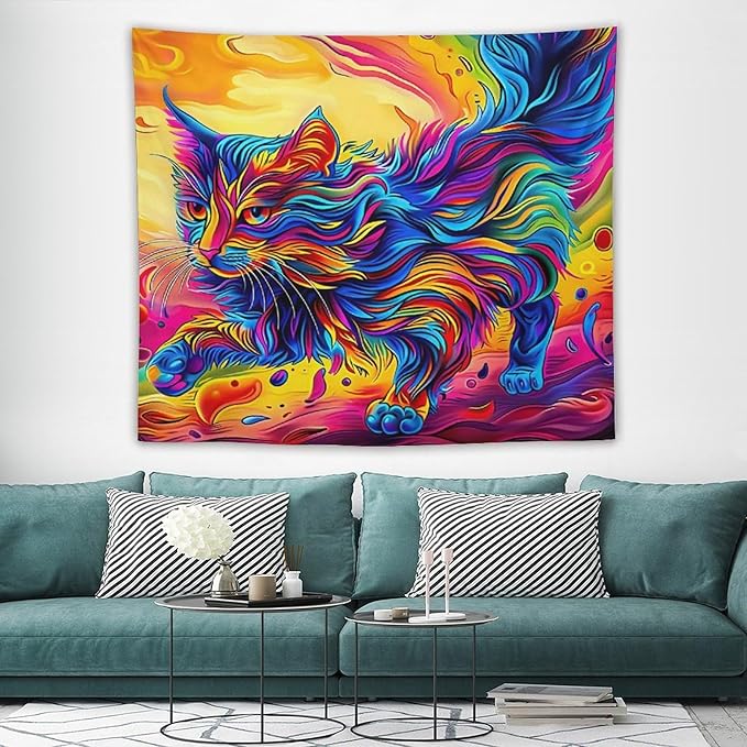 VUMIVI Colorful Cat Tapestry Pet Oil Painting Print Rainbow Colorful Abstract Art Pattern Tapestry Wall Hanging for Living Room Bedroom Dorm Classroom Aesthetic Decor W60xL50in