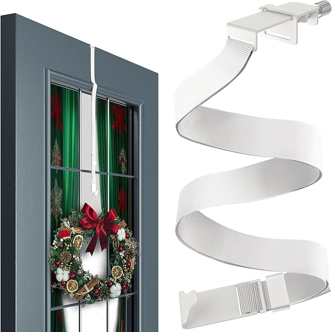 Menz Wreath Door Hanger - Adjustable Wreath Hanger for Front Door as Non-Scratch Decoration Holder for Christmas, Easter and Halloween, Decoration Hook for Christmas swags Outdoor, White