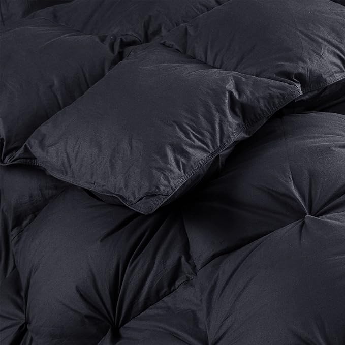 Luxurious All-Season Goose Down Feather Fiber Comforter King Size Duvet Insert, Exquisite Black Pinch Pleat Design, Premium Baffle Box, 100% Egyptian Cotton Cover, 70 oz. Fill Weight, Black