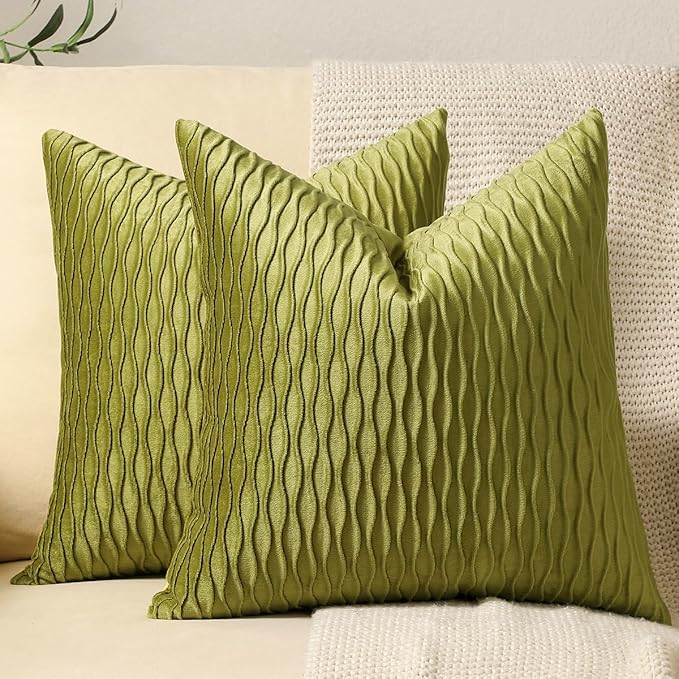 24x24 Moss Green Throw Pillow Cases: 2 Pack Original Striped Velvet Square Decorative Pillow Covers for Farmhouse Couch
