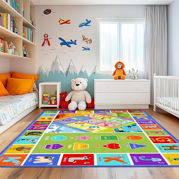 Kids Rug for Classroom & Playroom - ABC Alphabet Educational Area Rug with Animals Numbers & Shapes - Non-Slip Carpet Playmat for Nursery Preschool Elementary 4x6 Feet
