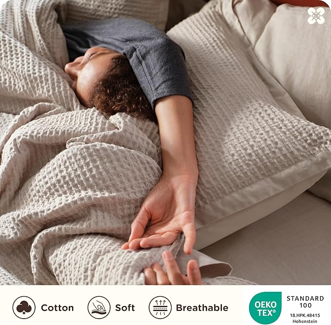 Bedsure Cotton Duvet Cover Queen - 100% Cotton Waffle Weave Linen Color Duvet Cover Queen Size, GentleSoft™ and Breathable Bedding Set for All Season, 3 Pieces, 90"x90"