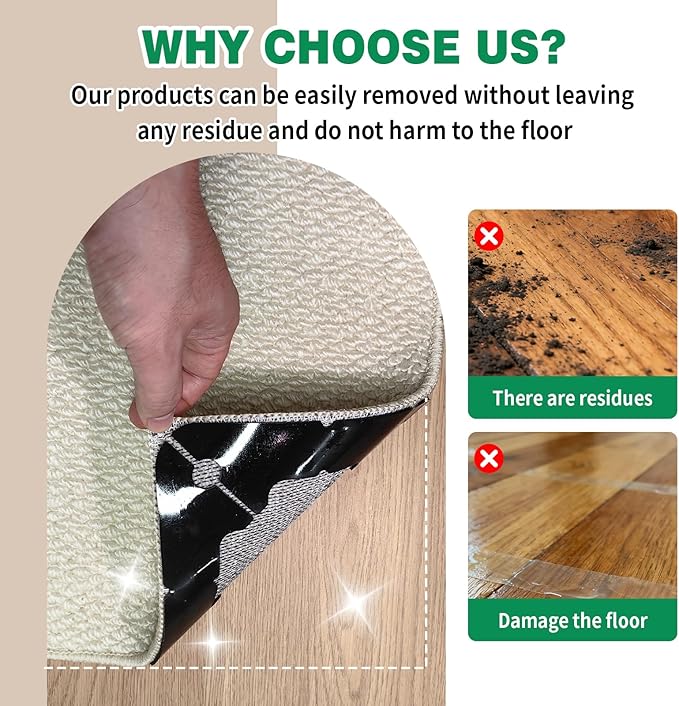 16 PCS Carpet Tape,Non Slip Carpet Pads for Area Rugs on Hardwood Floors,Laminate,Tile,LVP Floors,Reusable and Removable Rug Corner Pads with No Residue