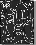 Abstract Face Pattern Wrapped Canvas Wall Art Black Background White Continuous Line Drawing 12x16 Inch Gallery Stretched Modern Home Art Decor