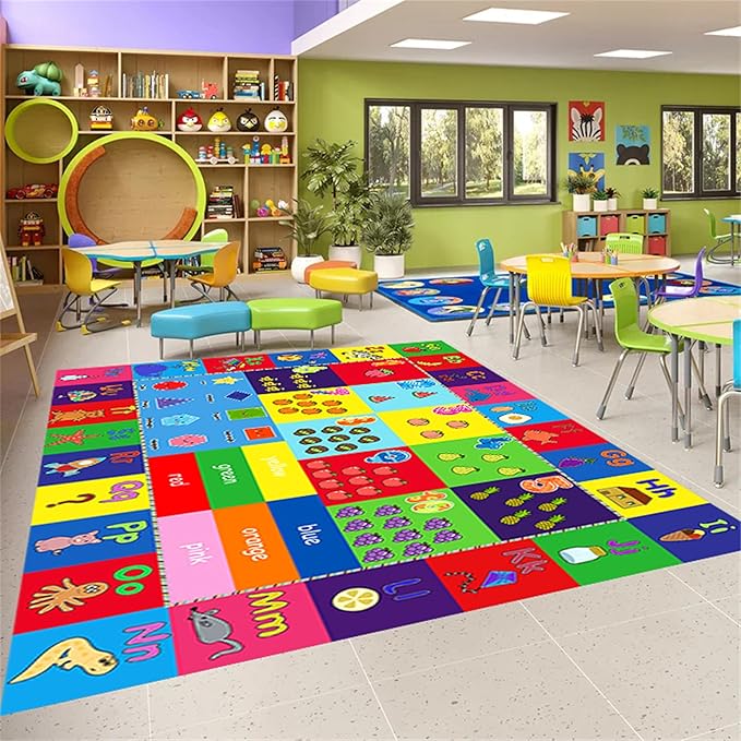Educational Kids Rug 5x7ft - Alphabet, Numbers & Animals Learning Mat - Non-Slip & Machine Washable Play Carpet for Toddlers, Nursery, Playroom, Preschool Classroom