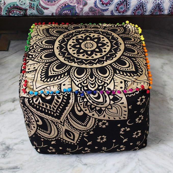 CRAFT KALA Mandala Meditation Floor Pillows Cover Square Pillow Seating Hippie Decorative Adults Bohemian Cushion Cover Outdoor Living Room Throw Ottoman Poufs Cover 18X18X14 inches, Black Gold Flower