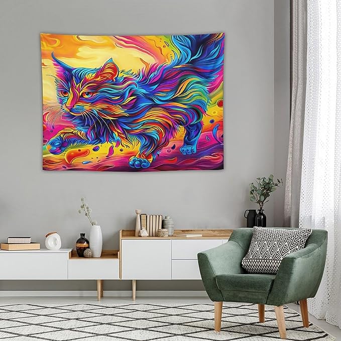 VUMIVI Colorful Cat Tapestry Pet Oil Painting Print Rainbow Colorful Abstract Art Pattern Tapestry Wall Hanging for Living Room Bedroom Dorm Classroom Aesthetic Decor W40xL30in