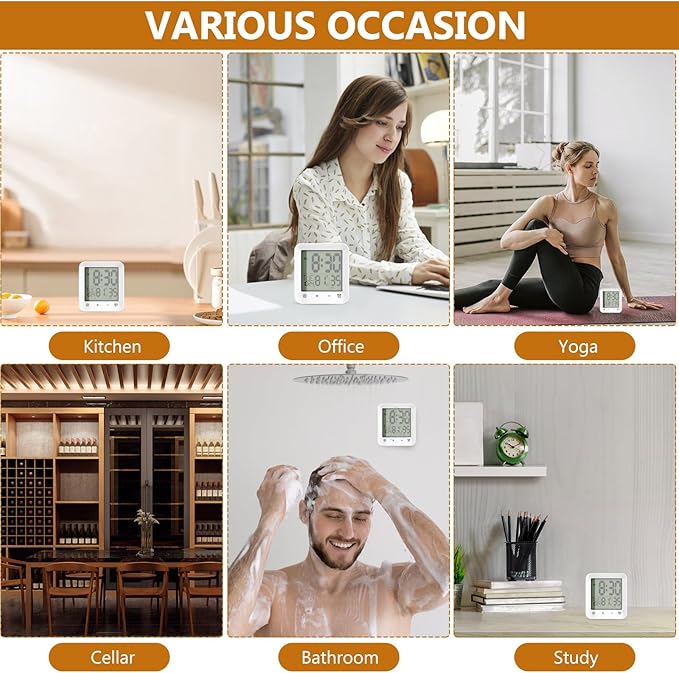 Houkiper Shower Clock Waterproof Bathroom Timer, Digital Shower Timer with Countdown, Suction Cup Clock, LCD Display, Temperature Gauge Wall Clock Touch Screen Waterproof Clock for Bathroom, White
