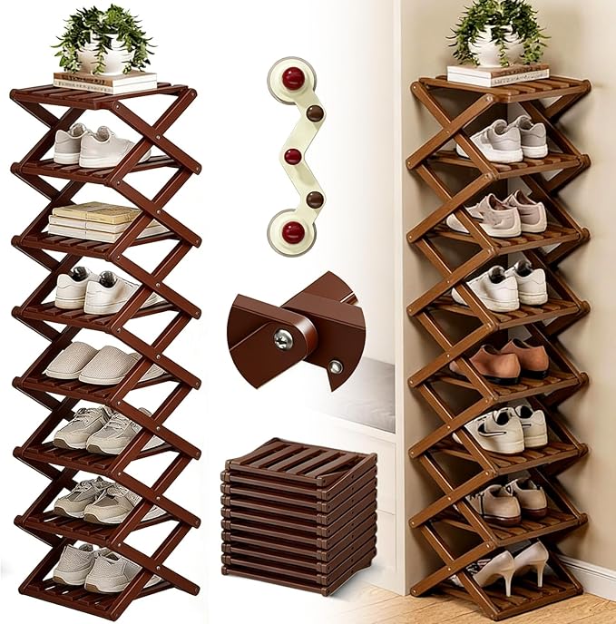 The 9-Tier No-Assembly Bamboo Rack, 2026 Upgraded Foldable 9 Tier Bamboo Corner Shoe Rack, Space-Saving Organizer for Shoes, No Assembly Narrow Shoe Shelf for Entryway Closet Dorm (Brown, 8 Layers)
