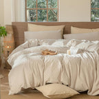 MooMee Striped Duvet Cover Set 100% Washed Cotton Linen Like Textured Breathable Durable Soft Comfy (Tannish Linen Grey White Pinstripes, Queen 90"x90")