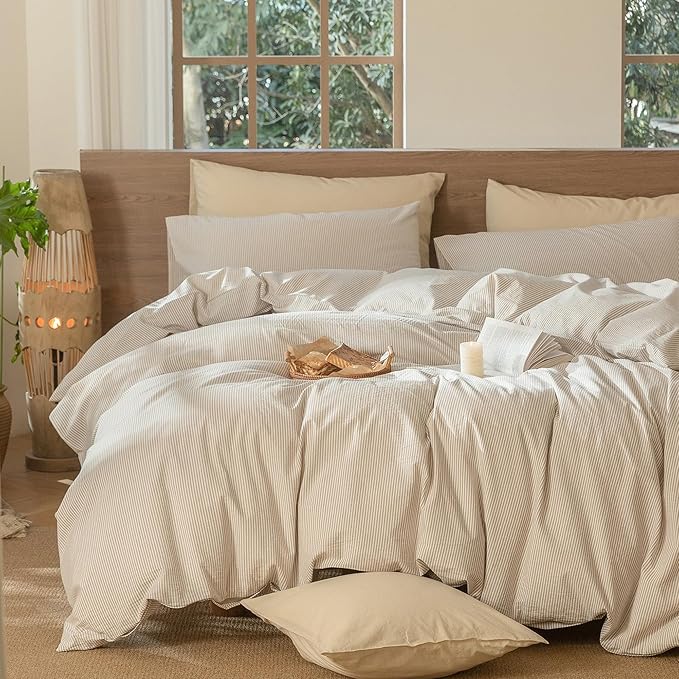 MooMee Striped Duvet Cover Set 100% Washed Cotton Linen Like Textured Breathable Durable Soft Comfy (Tannish Linen Grey White Pinstripes, Queen 90"x90")
