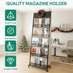 5 Layer Floor Magazine Rack Stand, 70"×27×13.6" Brochure Display Stand with 4 Universal Wheels, Detachable Magazine Display withTop Billboard, for Exhibitions, Shopping Malls, Hospitals, Offices