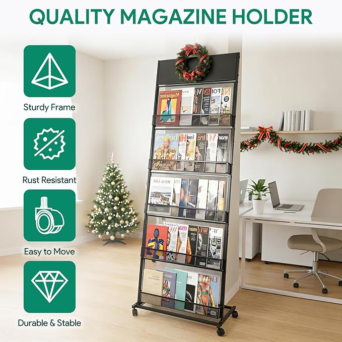 5 Layer Floor Magazine Rack Stand, 70"×27×13.6" Brochure Display Stand with 4 Universal Wheels, Detachable Magazine Display withTop Billboard, for Exhibitions, Shopping Malls, Hospitals, Offices