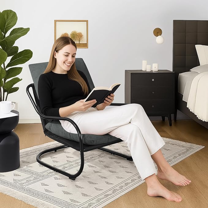 Peace nest Modern Accent Chair Comfy Living Room Suspended Chair Bedroom Armchair with Mental Frame Comfortable Upholstered Cushion for Balcony Lounge Reading Meeting Room Dark Grey