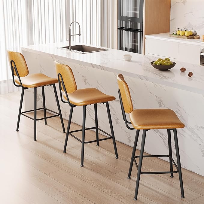 24-Inch Leather Bar Stools Set of 3, Counter Height Barstools with High Backrest，Bar Chairs for Kitchen Island with Heavy Duty Metal Legs, Brown
