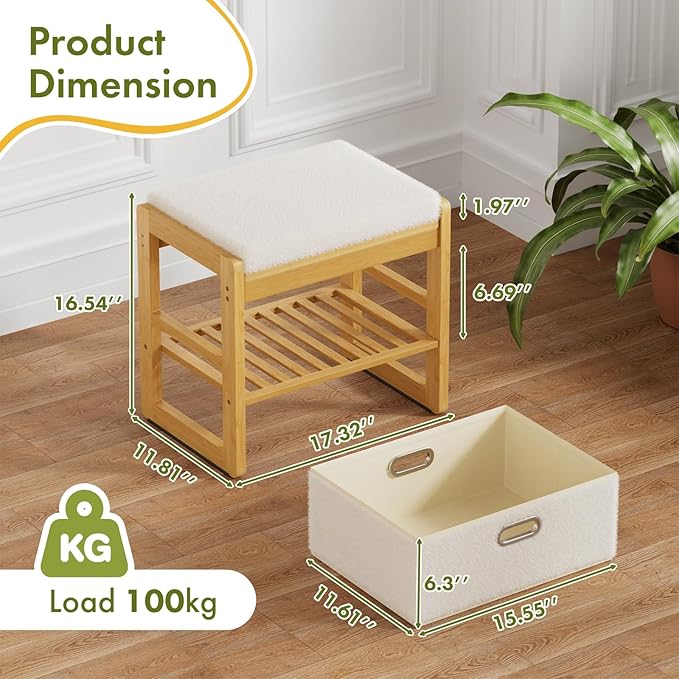 Storage Ottoman, Bamboo Footstool with Drawer, 3-in-1 Soft Ottoman with Storage, Multifunctional Footrest, Seat & Organizer for Living Room, Bedroom, Entryway Gift Set for Family