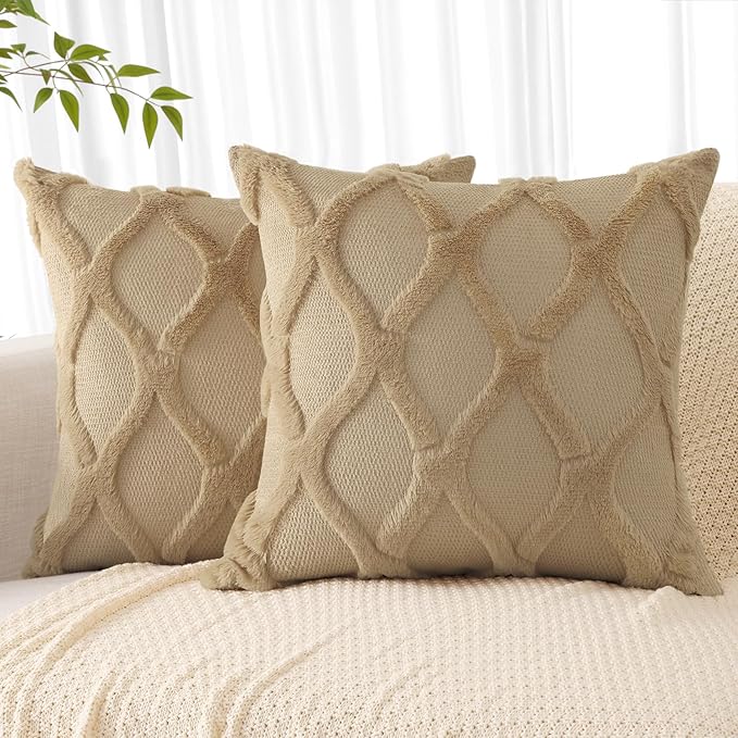 decorUhome Spring Euro Sham Throw Pillow Covers 24x24 Inch Set of 2, Soft Plush Faux Fur Wool Khaki Couch Pillow Covers, Decorative Neutral Pillow Cases for Bed Sofa Living Room Home Decor