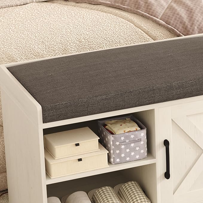 HOMEFORT 2-Tier Shoe Storage Bench with Padded Cushion Seat, Entryway Bench with Adjustable Shelf and Barn Door, 27.6" Farmhouse Shoe Rack Cabinet Bench, 300 lbs Capacity, for Bedroom, Antique White