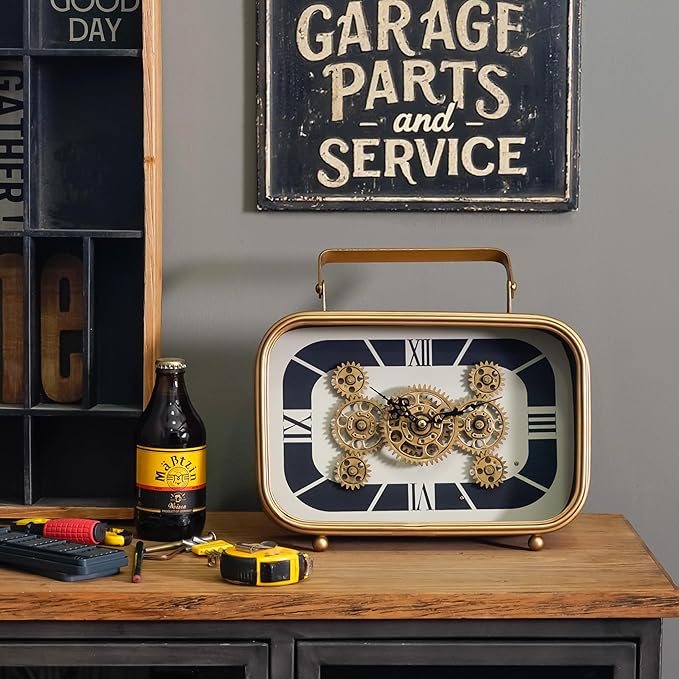Vintage Mantel Clock with Real Moving Gears, Retro Table Clock, Steampunk Industrial Gear Decor for Living Room, Mantel, Shelf, Office, Gift for Men, Husband, 12 x 3.7 x 9.8 Inch