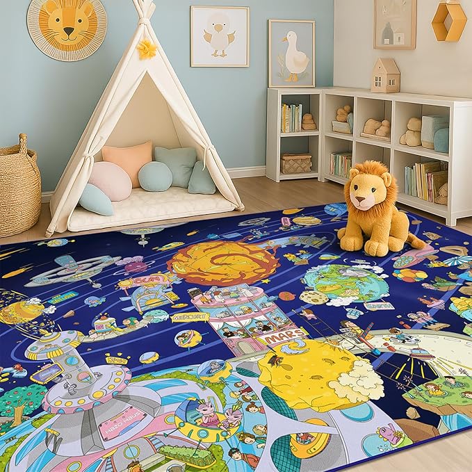 Outer Space Adventure 5x7 Kids Rug – Vibrant Galaxy Scene with Planets, Astronauts, Spaceships & Fun Details – Perfect Playroom or Bedroom Carpet for Learning & Imagination