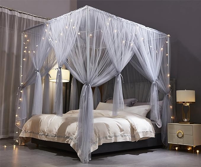 VETHIN 4 Corners Post Princess Bed Canopy Curtain Double Layer Cozy Drape Netting 4 Opening Mosquito Net for Girls & Adults Bedroom Decoration Accessories (Double Gray, 47" W*78" L*82"*H/Twin)