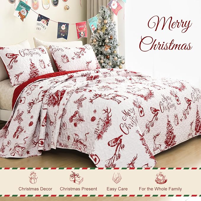 Exclusivo Mezcla Reversible Christmas Quilts Twin Size, Red Bedspread Lightweight Coverlet Winter Quilt Bedding Set with Printed Trees Reindeer Wreaths Pattern (1 Quilt, 1 Pillow Sham)