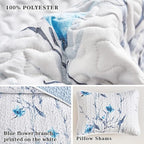 Botanical Quilt Set 3 Pieces Full/Queen Size, Blue Flower Branch on White Reversible Bedspread Coverlet Set, Soft Microfiber Lightweight Bed Cover for All Season (90" x 90", 1 Quilt+ 2 Pillow Shams)