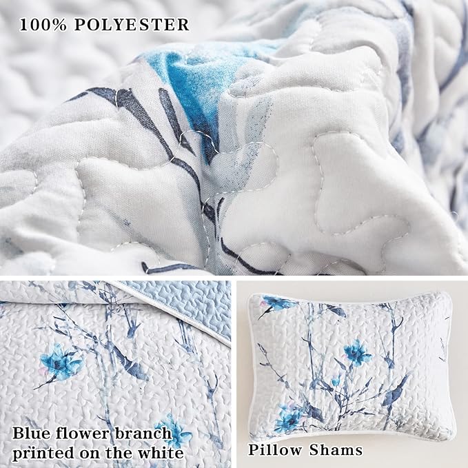 Flysheep Botanical Quilt Set 2 Pieces Twin Size, Blue Flower Branch on White Reversible Bedspread Coverlet Set, Soft Microfiber Lightweight Bed Cover for Kids (68" x 86", 1 Quilt+ 1 Pillow Sham)