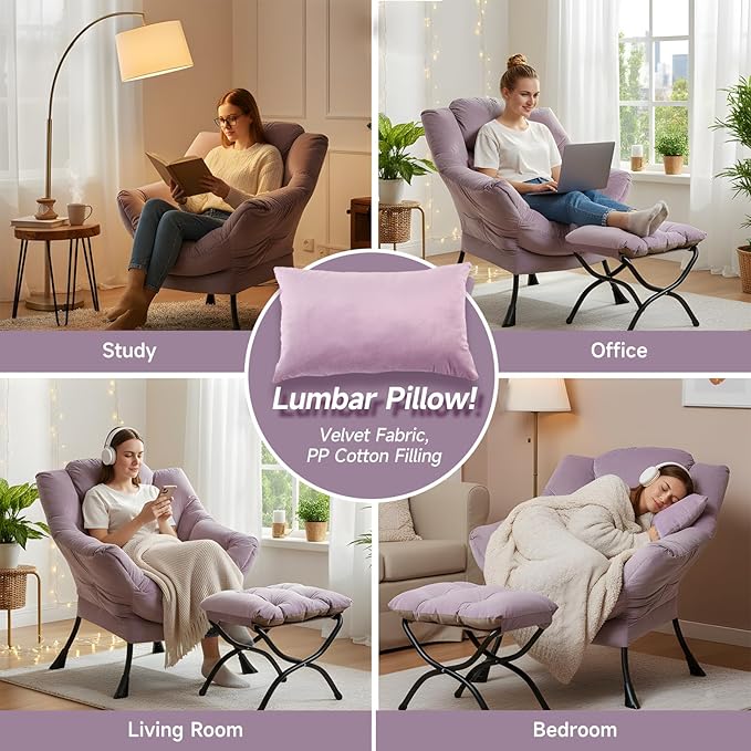 Lazy Chair with Ottoman, Modern Accent Chair with Lumbar Pillow, Velvet Light Purple Sofa, Lounge Chairs with Folding Footrest, Oversized Supportive Chairs for Bedroom, Reading