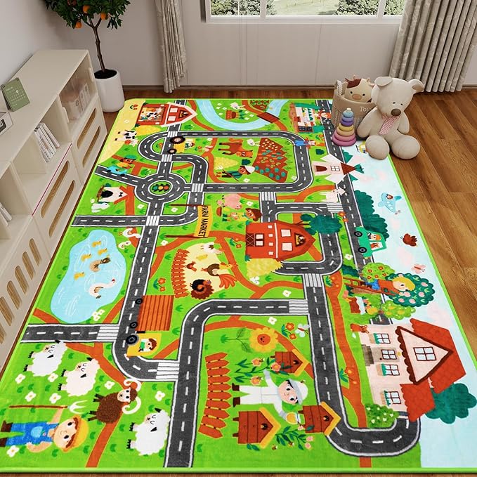 Kids Rug Play Mat for Toy Cars, 39.4" × 59" Farm Life Road Traffic for Playroom Kids Car Road Rugs Village Map Play Mat Non-Slip Washable Play Rug for Toddlers Boys Room Family Tummy Time Playtime
