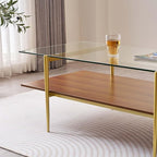 X-Large Rectangle Glass Coffee Table, Mid-Century Modern Design for Living Room, L47xW24xH17 inch, 2-Tier Structure, Clear Glass Top and Walnut MDF Shelf, Conical Metal Legs with Gold Finish