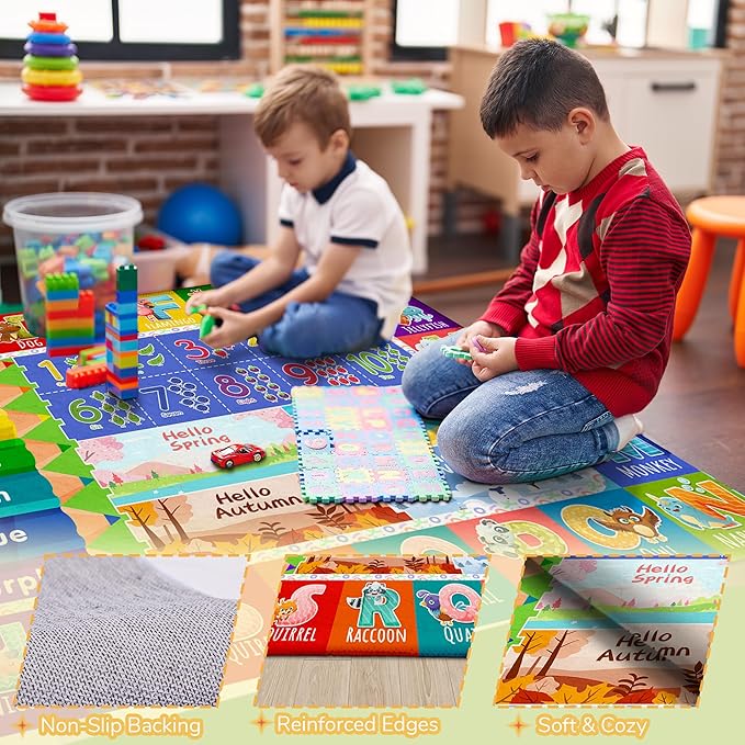 Kids Classroom & Playroom Rug - ABC Alphabet Educational Area Rug with Animals Colors & Numbers - Washable Non-Slip Carpet Playmat for Nursery Preschool & Reading Area 6x9 Feet