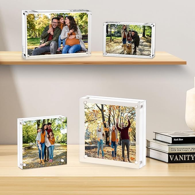 Acrylic Picture Frame 6x6-5 Pack, Clear Double Sided Frameless Photo Frame with Magnetic, Free Standing Desktop Acrylic Frame Display, Lucite Frame with Gift Box Package