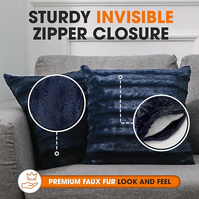 Cheer Collection Faux Fur Throw Pillows - Decorative Pillows for Couch, Bed Throw Pillows, Blue Accent Pillows for Bedroom or Living Room Aesthetic, Set of 2 Furry Throw Pillows, 22" x 22"
