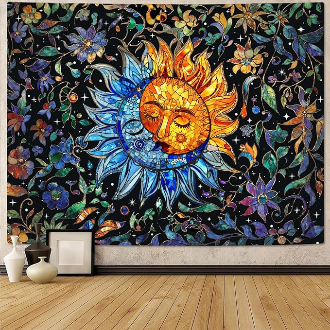 Accnicc Sun and Moon Tapestry Boho Hippie Floral Wall Tapestry for Bedroom Aesthetic Vintage Stained Glass Celestial Plant Small Tapestries Wall Hanging for Living Room Dorm 48 x 36 Inch