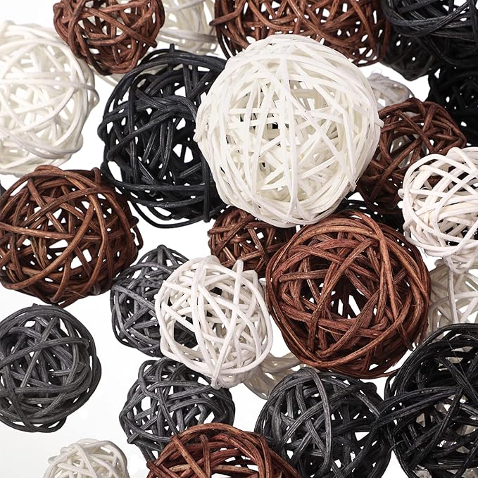 Patelai 72 Pcs Wicker Rattan Balls Decorative Balls for Vase Centerpiece Bowls Orbs Filler for Spring Summer Craft Home Decor, 4 Sizes(White, Dark Gray, Brown, Black)