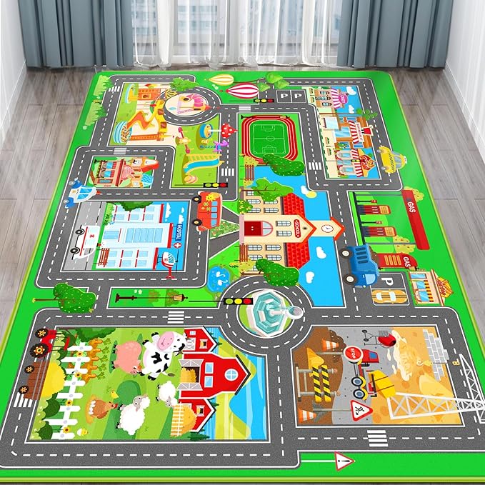 Kids Car Playmat, Kids Rug for Playroom Car Mat Town City Road Traffic Rugs, Play Mat for Floor, Extra Large Boys Kid Car Track Play Rug (Style SIX, 110.2 X 78.7 INCH)