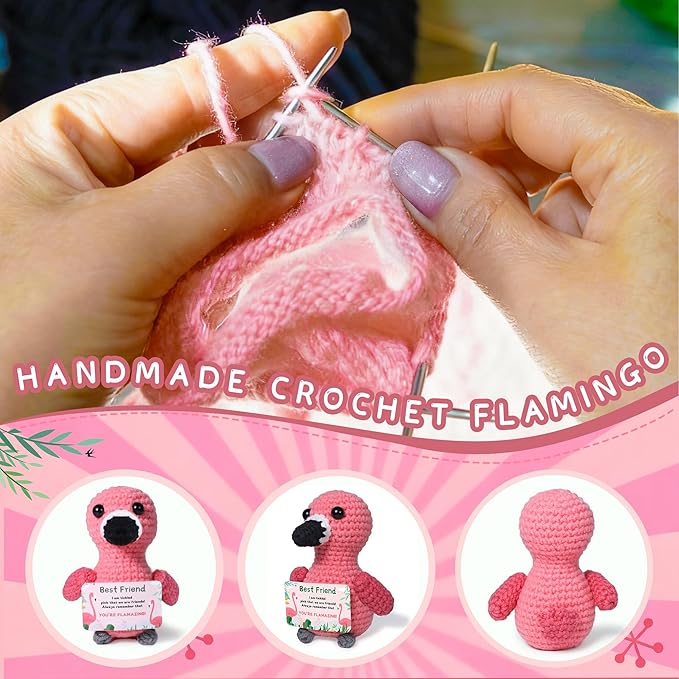 Mini Positive Flamingo Crochet Gifts, Birthday Gifts for Women Men Handmade Presents, Inspirational Small Animals Cute Flamingo, Emotional Cheer Up Funny Decor (Best Friend)