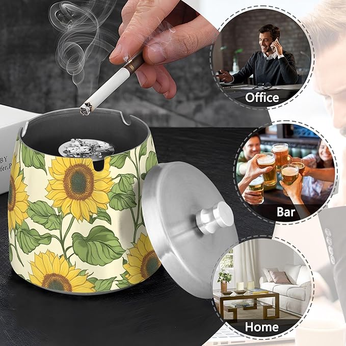 Sunflower Ashtray with Lid, Outdoor Ashtrays for Patio, Stainless Steel Ashtray Odorless Smokeless for Home Office Balcony
