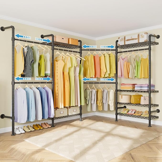 Timate L4 L Shape Garment Rack Heavy Duty Clothes Racks for Hanging Clothes, Expandable Industrial Pipe Clothing Rack Wall Mounted Closet Racks Wardrobe Closet Kit Corner Closet System, Black