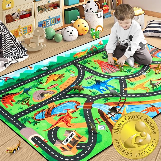 Kids Rug, Car Carpet for Kids' Toy Cars, 5x7 Ft Dinosaur Rug, Dino Safari Road Mat for Playroom, Educational Learning & Game Area Playmat Carpet for Children