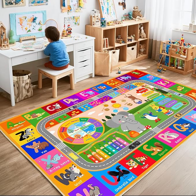 Kids Educational Rug 4' x 5', Kids Collection Area Rugs for Learning ABC Alphabet, Numbers, Colors, Animal Words and Season, Washable Playmat for Playroom Classroom Children Girls Boys Room