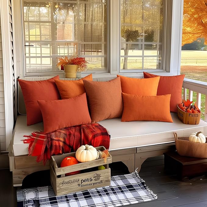 MIULEE Pack of 2 Decorative Outdoor Solid Waterproof Throw Pillow Covers Euro Sham Faux Linen Garden Farmhouse Cushion Cases for Summer Patio Tent Balcony Couch Sofa 22x22 Inch Burnt Orange