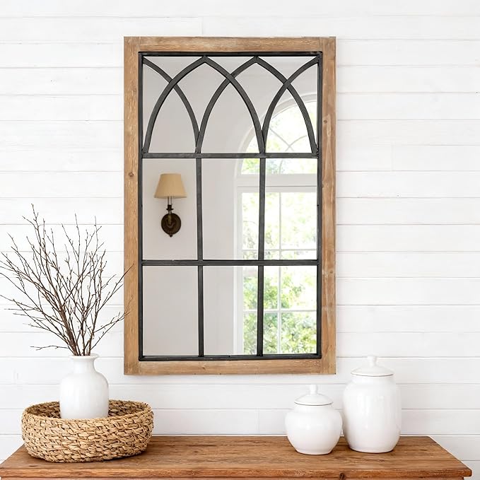 Oakrain Rustic Window Mirror for Wall Decor, 24”x37” Wood Frame Decorative Wall Mirror, Wall-Mounted Farmhouse Mirrors for Living Room, Bedroom, Entryway, Bathroom, Brown