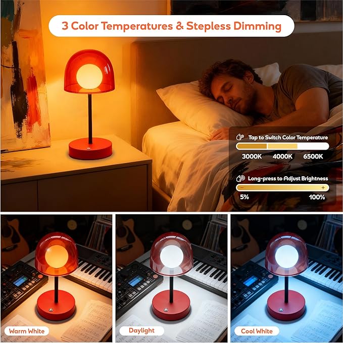 Small Mushroom Lamp Orange, LED Cordless Kitchen Lamp with 3CCT & Stepless Dimming, Rechargeable Mini Light for Art Room Study and Desk (Reddish Orange)