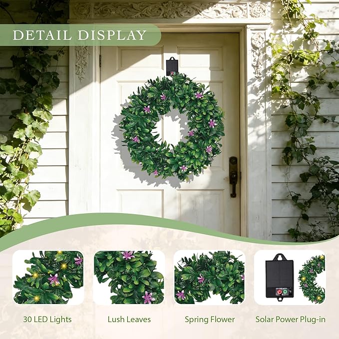 Solar Spring Wreath 16inchWreath for Front Door Pre-lit 30LED Wreaths Spring Summer Decor for Outside Artificial Greenery Wreath with Colorful Lights for Wall Festival Farmhouse Decor