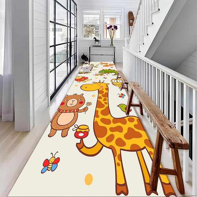Cute Cartoon Animal Hallway Runner Rug, 2.6x7ft, Giraffe Bear Koala Kids Play Mat for Bedroom, Anti-Slip Cozy Breathable Foldable Area Carpet, Reduce Noise Easy Clean Mat for Sofa Nursery
