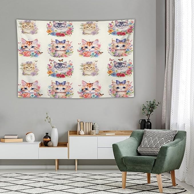 VUMIVI Watercolor Flower Cat Tapestry Colorful Cartoon Cute Animals Butterflies Abstract Art Print Tapestry Wall Hanging for Living Room Bedroom Dorm Classroom Aesthetic Decor W60xL40in