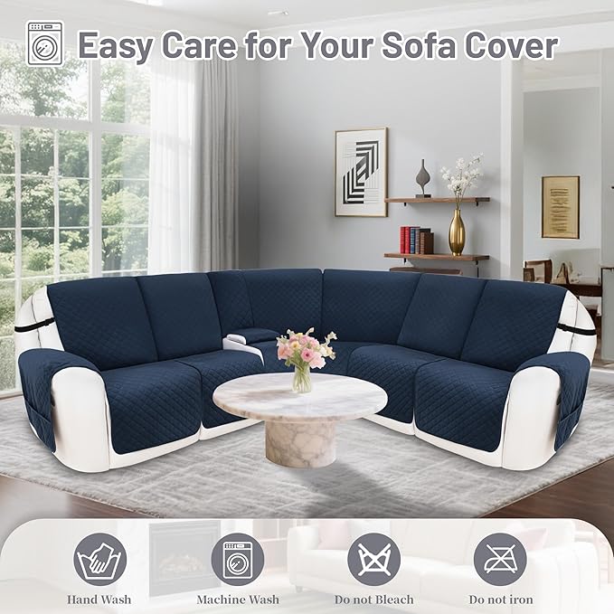 Reclining Sectional Couch Covers 100% Waterproof Velvet L Shape Recliner Couch Covers for Sofa Pets Washable Anti Slip Recliner Slipcovers with Pockets (5 Seat Sofa with 1 Console, Navy Blue)