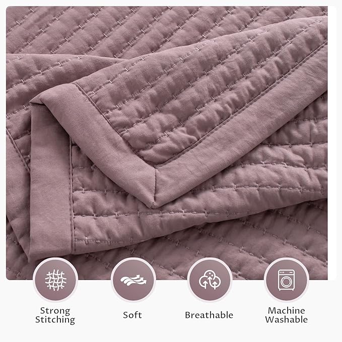 KASENTEX Twin Quilt Set 68"x86" – Soft Washed 3-Layer Lightweight Bedspread, Minimalist Nordic Design, All-Season Spring & Summer Quilt Set (1 Quilt + 2 Pillow Shams),Twilight Mauve Purple